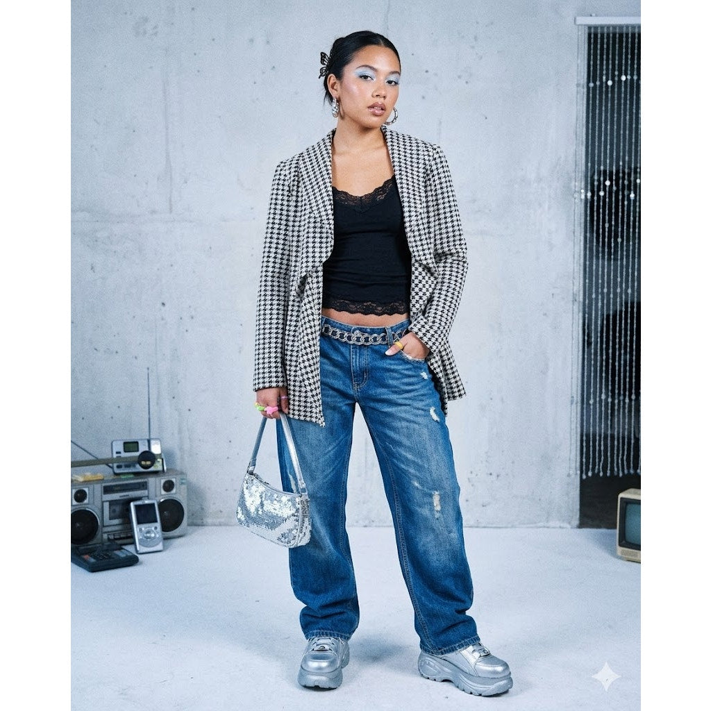 Midnight Velvet Houndstooth Ruffle Drape Front Blazer Jacket Large Dark Academia