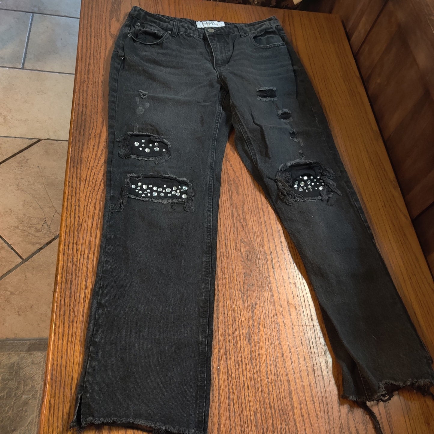 Indigo Rein Black Distressed 30x31 Rhinestone Jeans Y2K Goth Punk Denim Pants 13