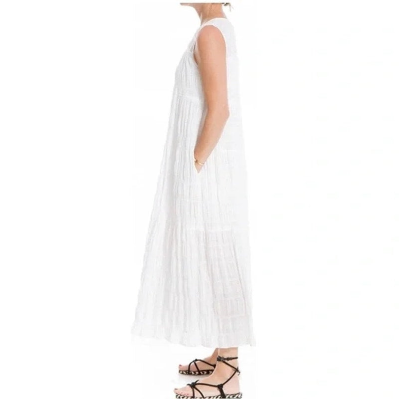 Max Studio Sleeveless Gauzy Jewel Neck Tiered Maxi Dress Medium White NEW $138