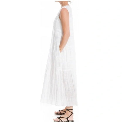 Max Studio Sleeveless Gauzy Jewel Neck Tiered Maxi Dress Medium White NEW $138