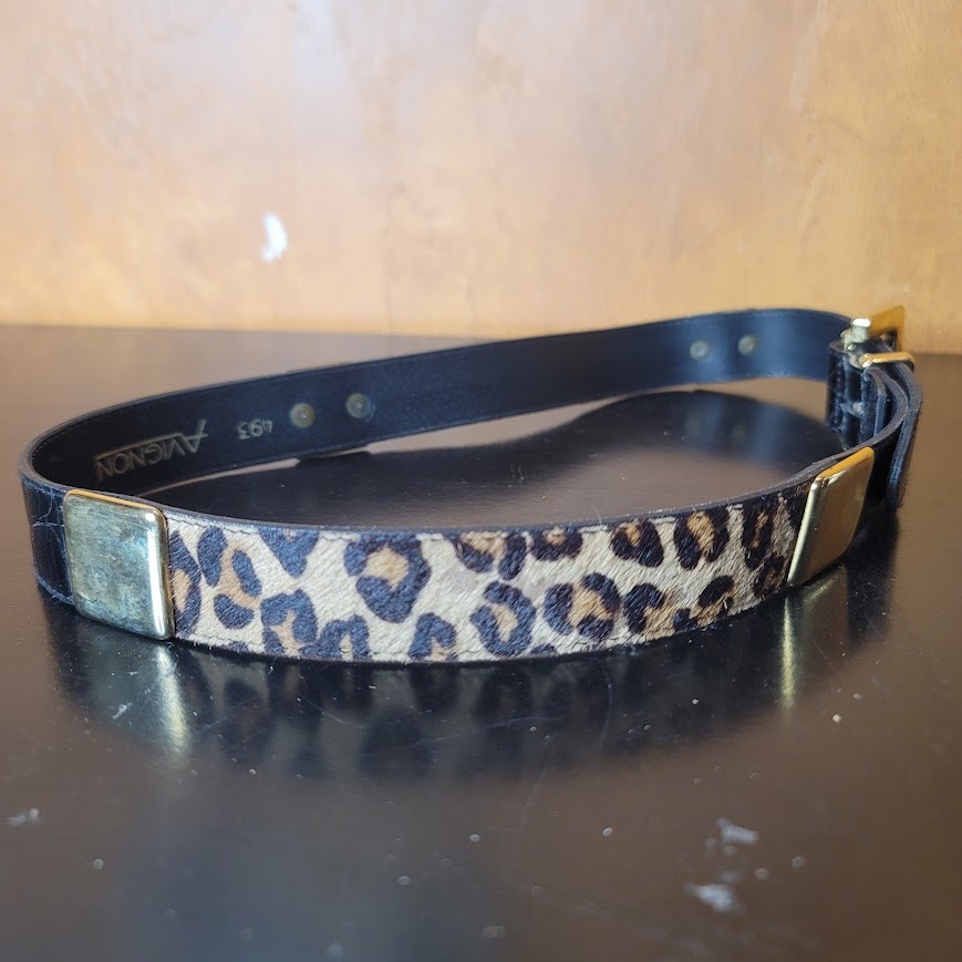 Avignon Leather Cheetah Print Belt Gold Buckle Black Brown Accent Medium