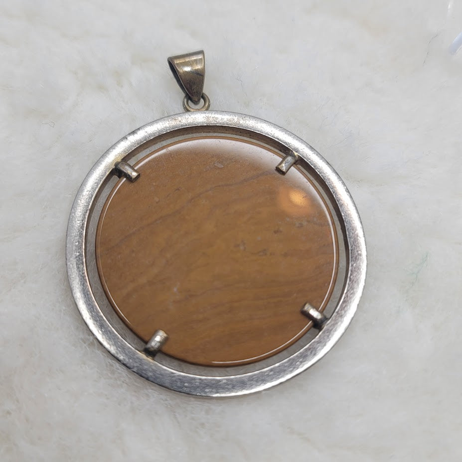 Vintage Brutalist Silver Tone Tiger Eye Agate Disc Pendant MCM Modernist