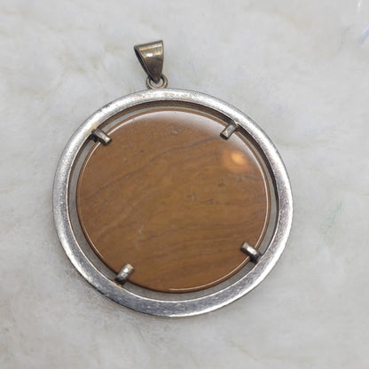 Vintage Brutalist Silver Tone Tiger Eye Agate Disc Pendant MCM Modernist