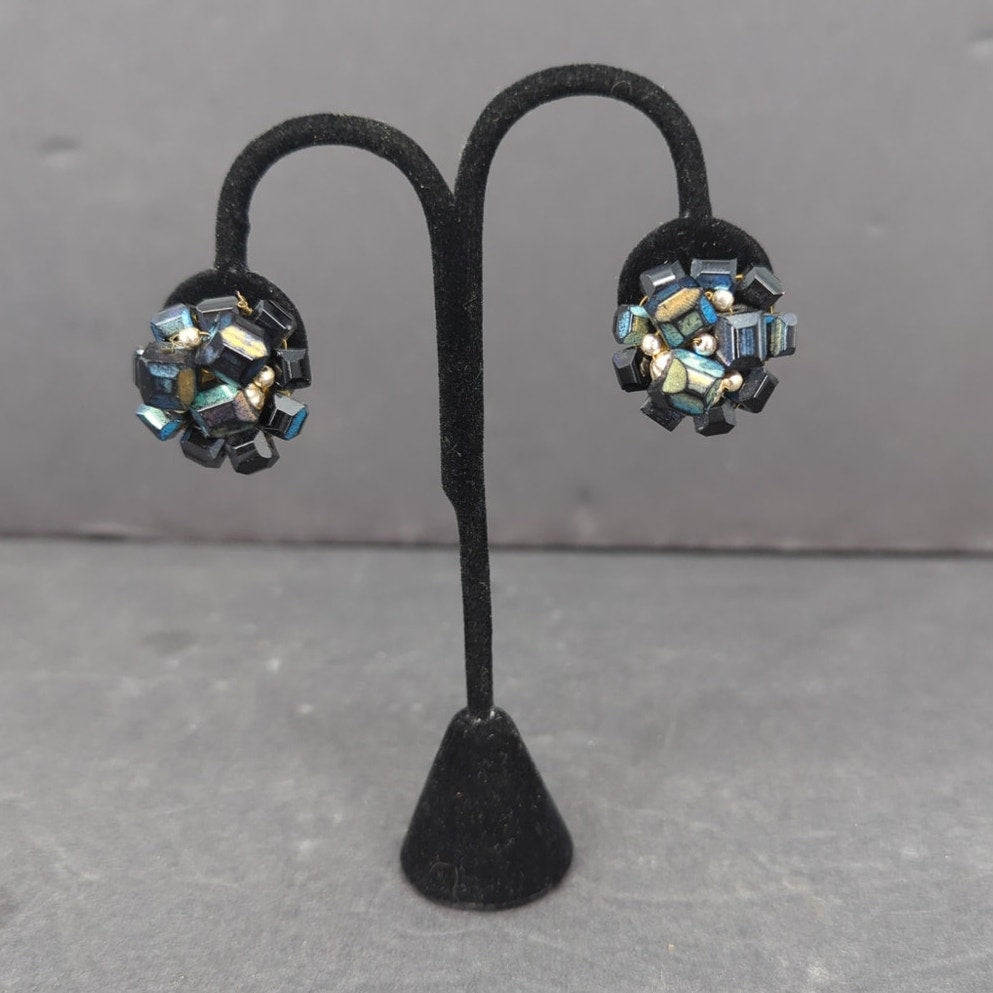 Vintage Iridescent Crystal Bead Cluster Clip On Earrings Retro Disco 1960s