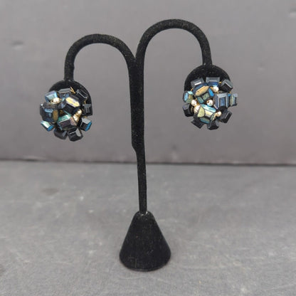 Vintage Iridescent Crystal Bead Cluster Clip On Earrings Retro Disco 1960s