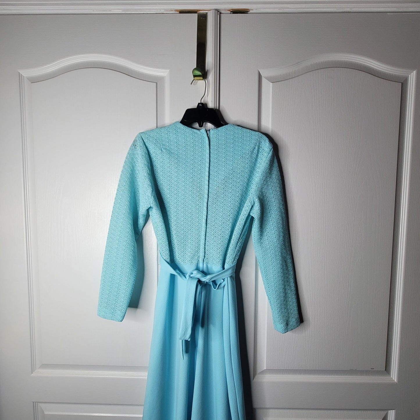 Vintage 70s Sears Blue Lace VNeck Maxi Dress Long Sleeve Mod Medium / Large Belt