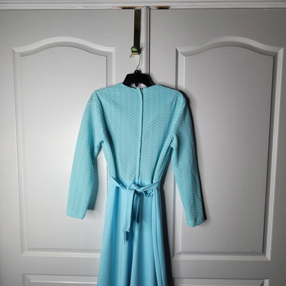 Vintage 70s Sears Blue Lace VNeck Maxi Dress Long Sleeve Mod Medium / Large Belt