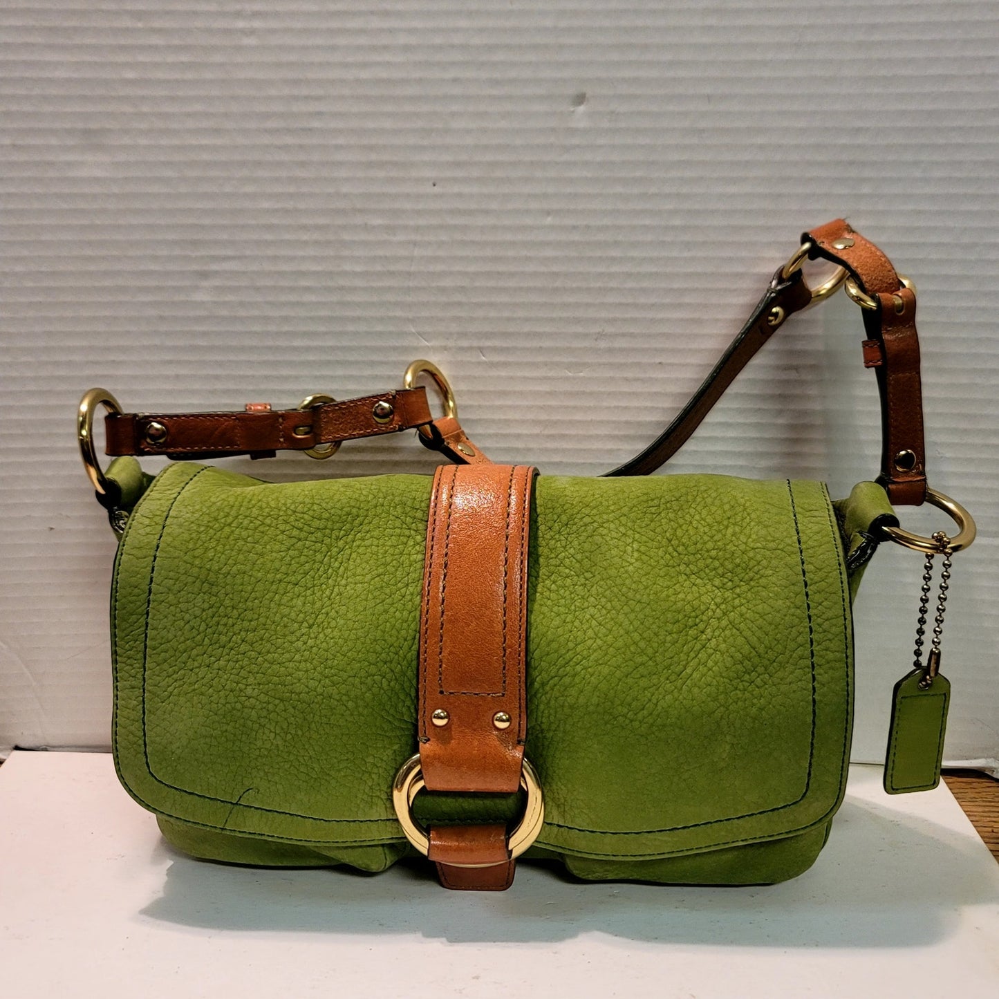 COACH Chelsea Y2K W Green Shoulder Bag Suede Carmel Leather Vintage Flap Front