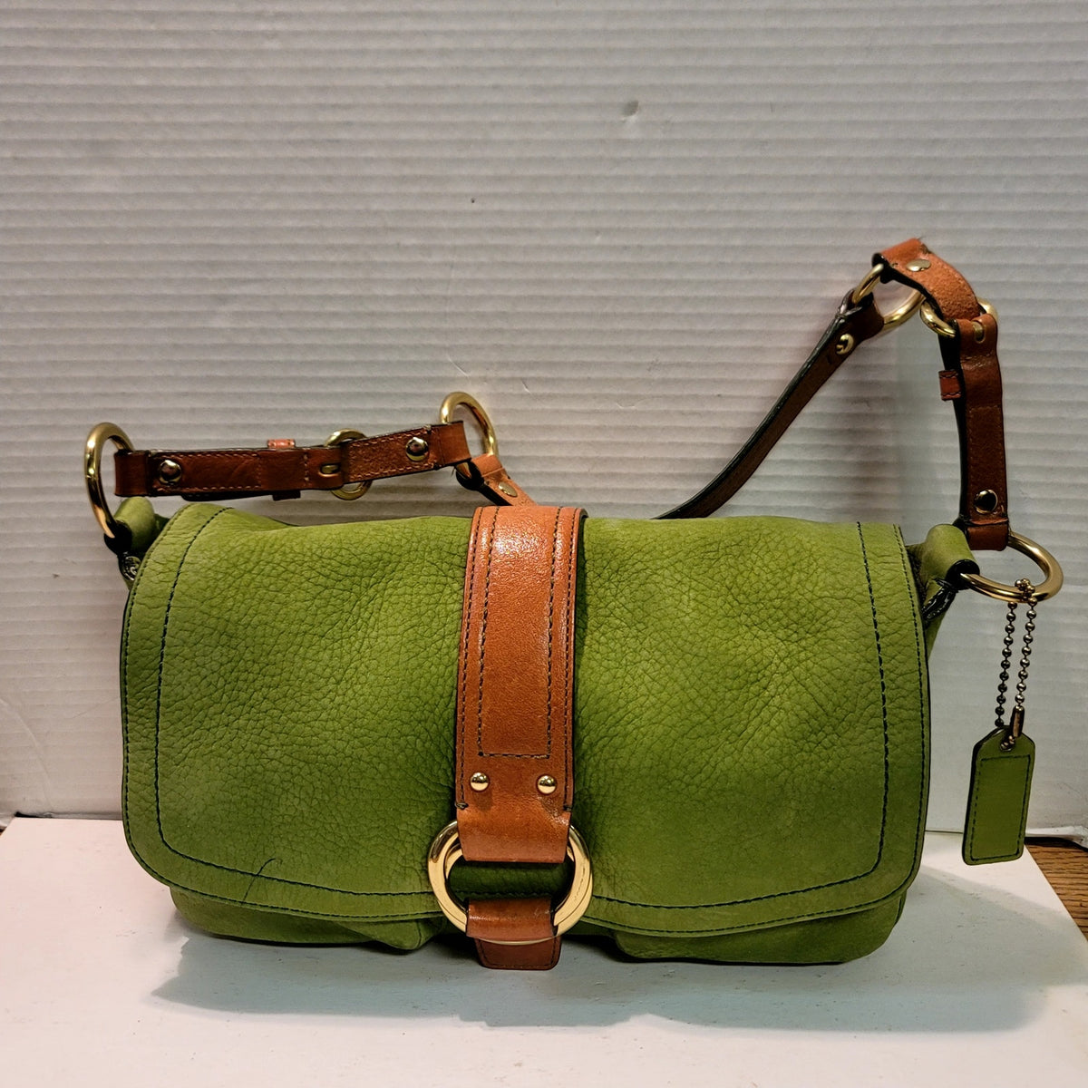 COACH Chelsea Y2K W Green Shoulder Bag Suede Carmel Leather Vintage Flap Front