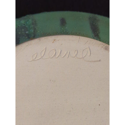 Art Pottery studio signed Elaine candle holder Green Leaf Design Natural