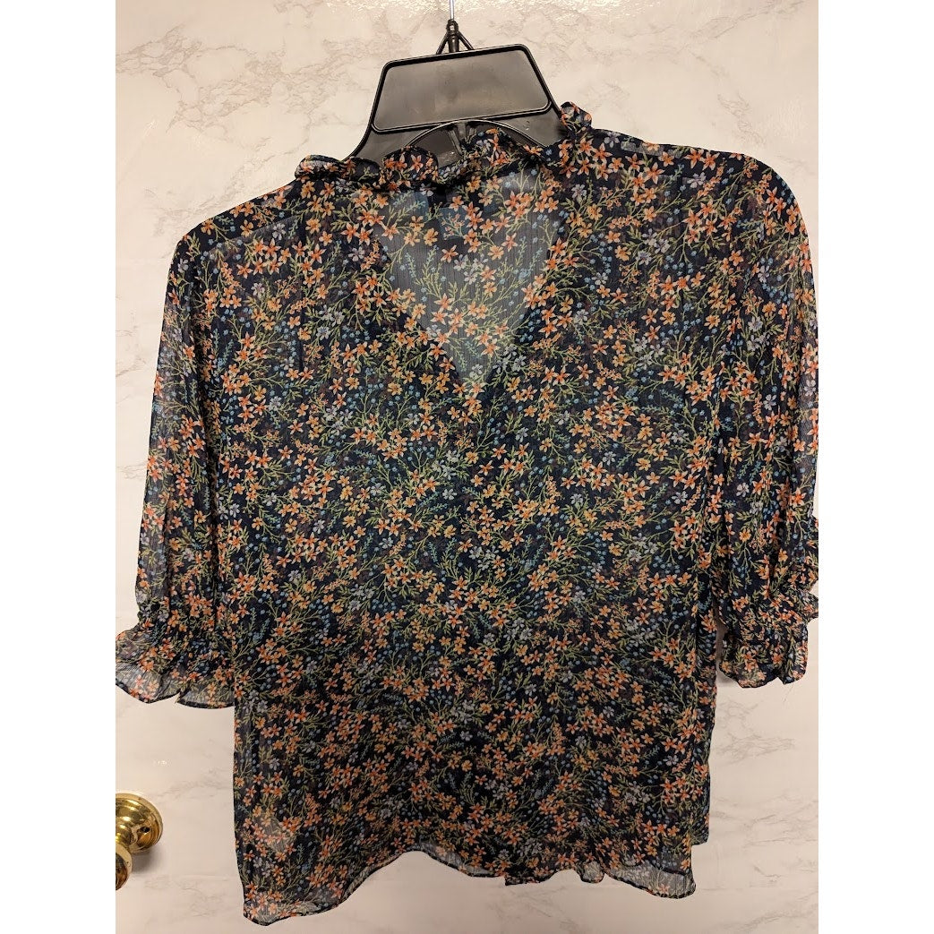 CECE womens sheer floral blouse top size small Navy Multi 3/4 sleeve Top Casual