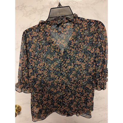 CECE womens sheer floral blouse top size small Navy Multi 3/4 sleeve Top Casual