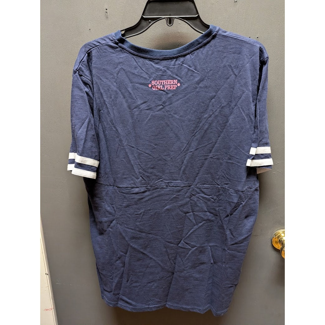 Southern Girl Prep MEDIUM NEW SHORT  Sleeve Shirt Cotton DARK BLUE WHITE STRIPE