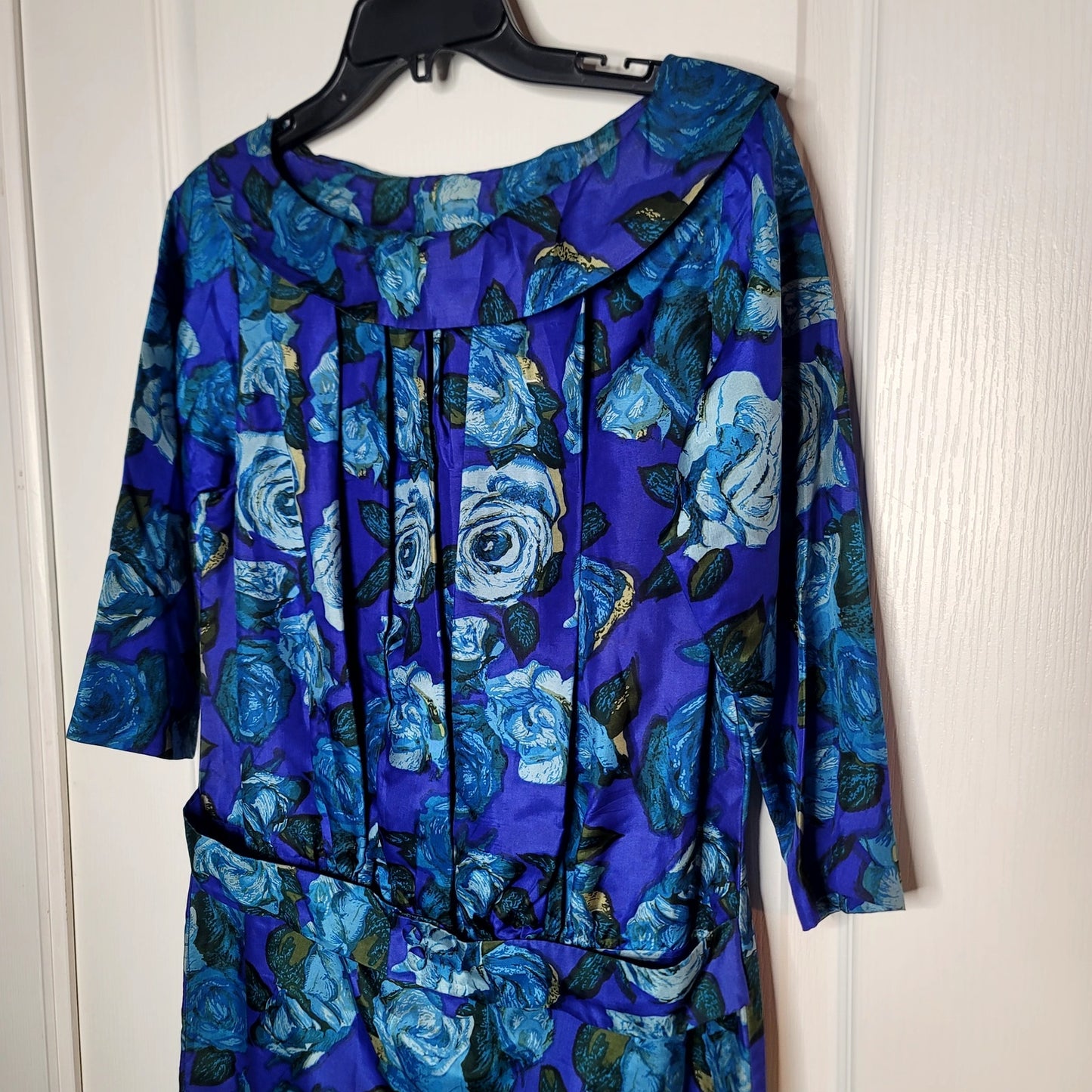 Vintage 50s taffeta dress blue floral 3/4 sleeve wiggle Mad Tv cocktail Medium