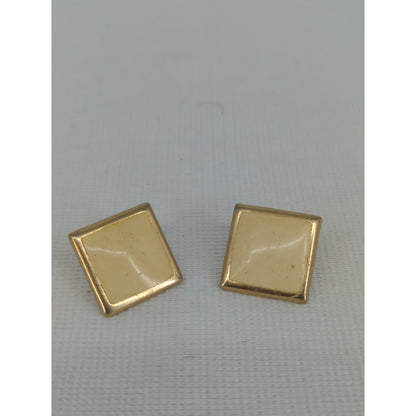 Vintage Gold Tone Square Stud Earrings Cream Enamel Minimalist 1960s
