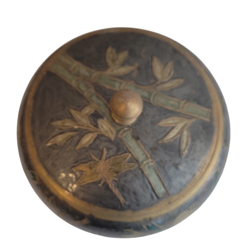 Vintage Jewelry Asian Bamboo Cloisonné Round Brass Trinket Lidded Powder Box