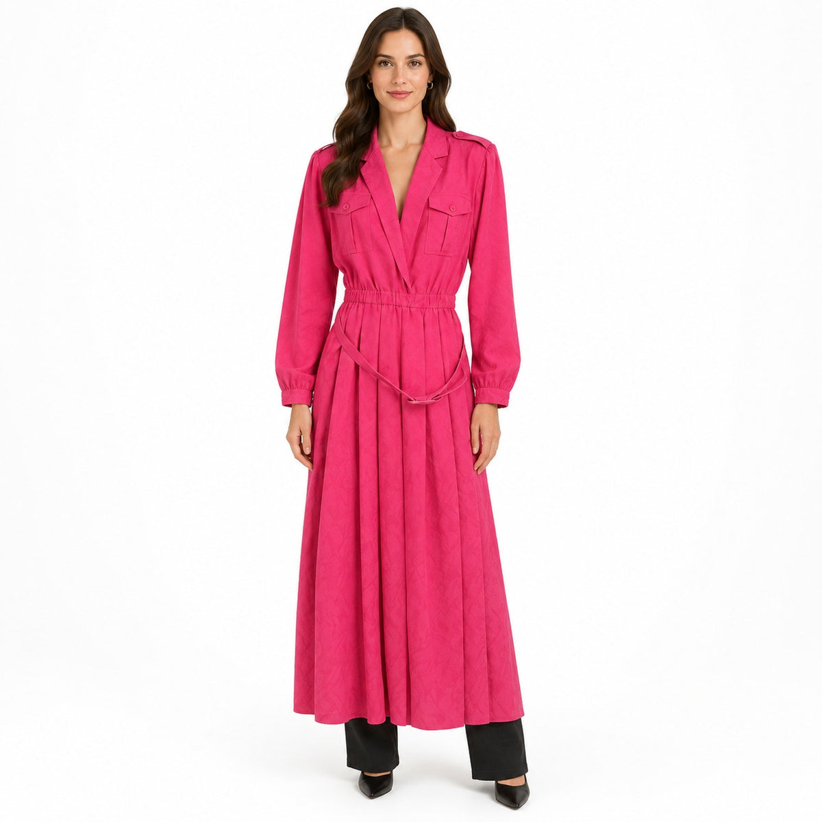 Epitome Vintage Women's Tie Waist Belt Pleated Maxi Dress Long Sleeves Red Size 8