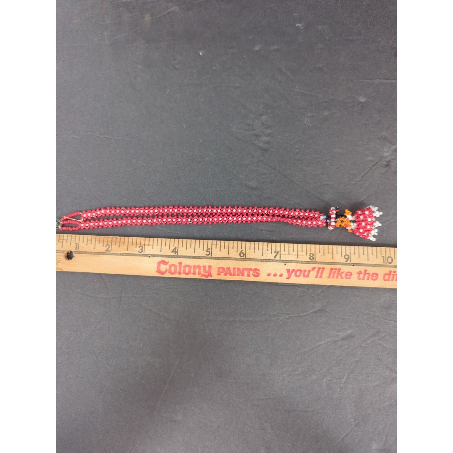 Vintage Folk Art Beaded Doll Pendant Necklace Red & White Mexican Otomi Style