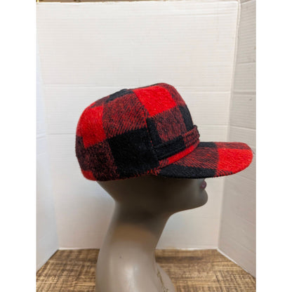 Vintage Red Black Buffalo Plaid Flap Cap Hat Retro Hunter Hunting Outdoor