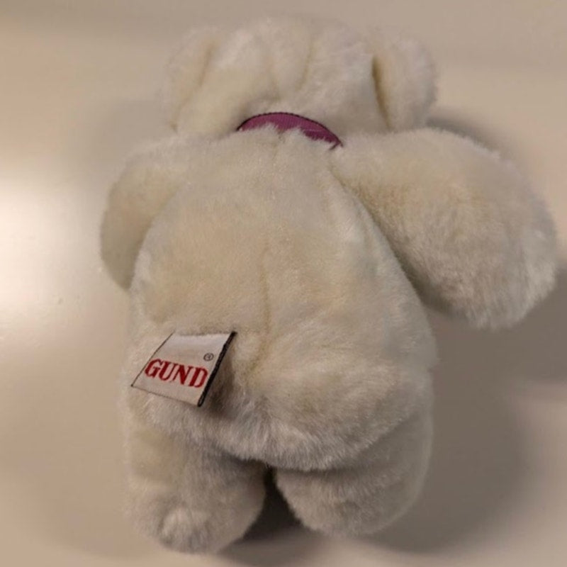 Stuffed Animal PLUSH teddy bear Gund white 8" bowtie 1985 retro