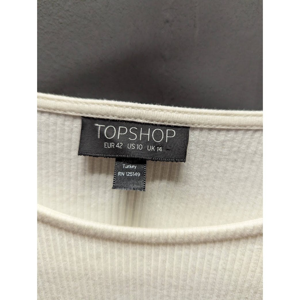 Topshop Size 10 Ivory ribbled long sleeve shirt top layering faux wrap cropped