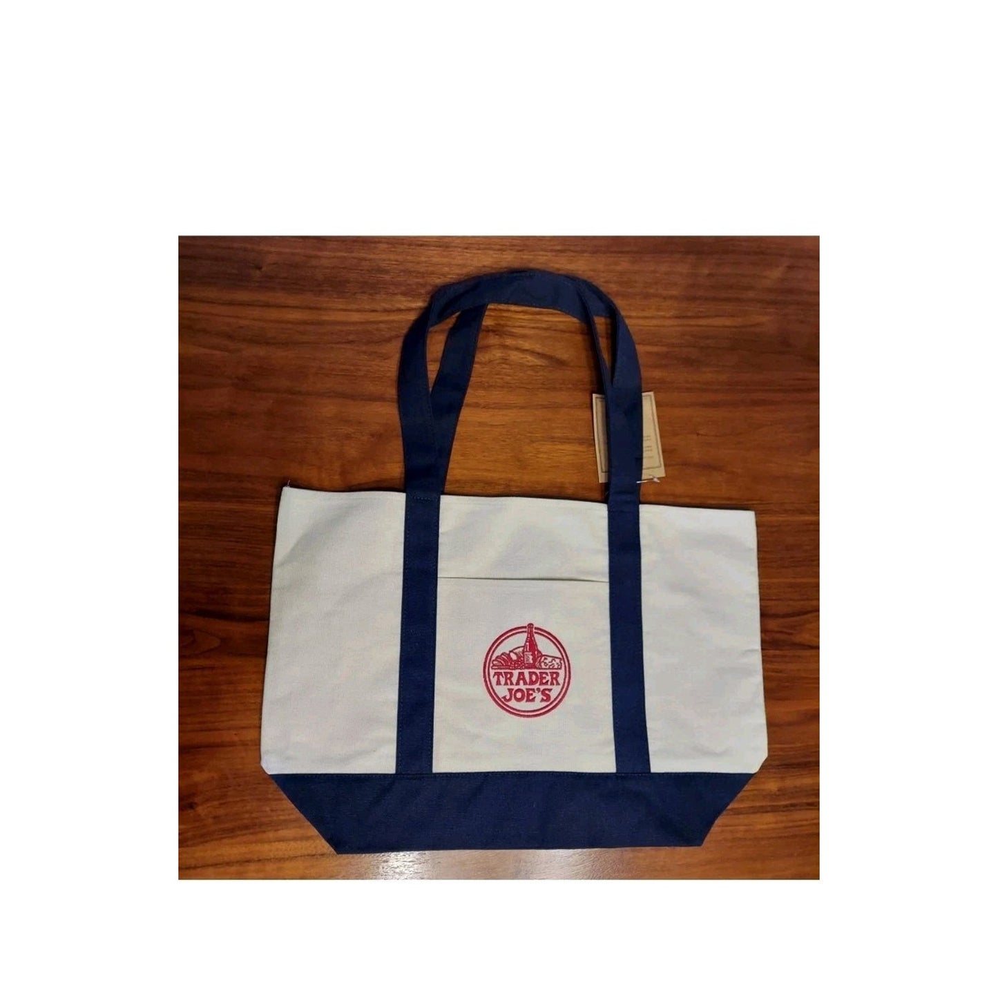 TRADER JOE'S TOTE BAG NAVY BLUE CANVAS STRAPS NEW 20" Iconic REUSABLE EMBROIDERY