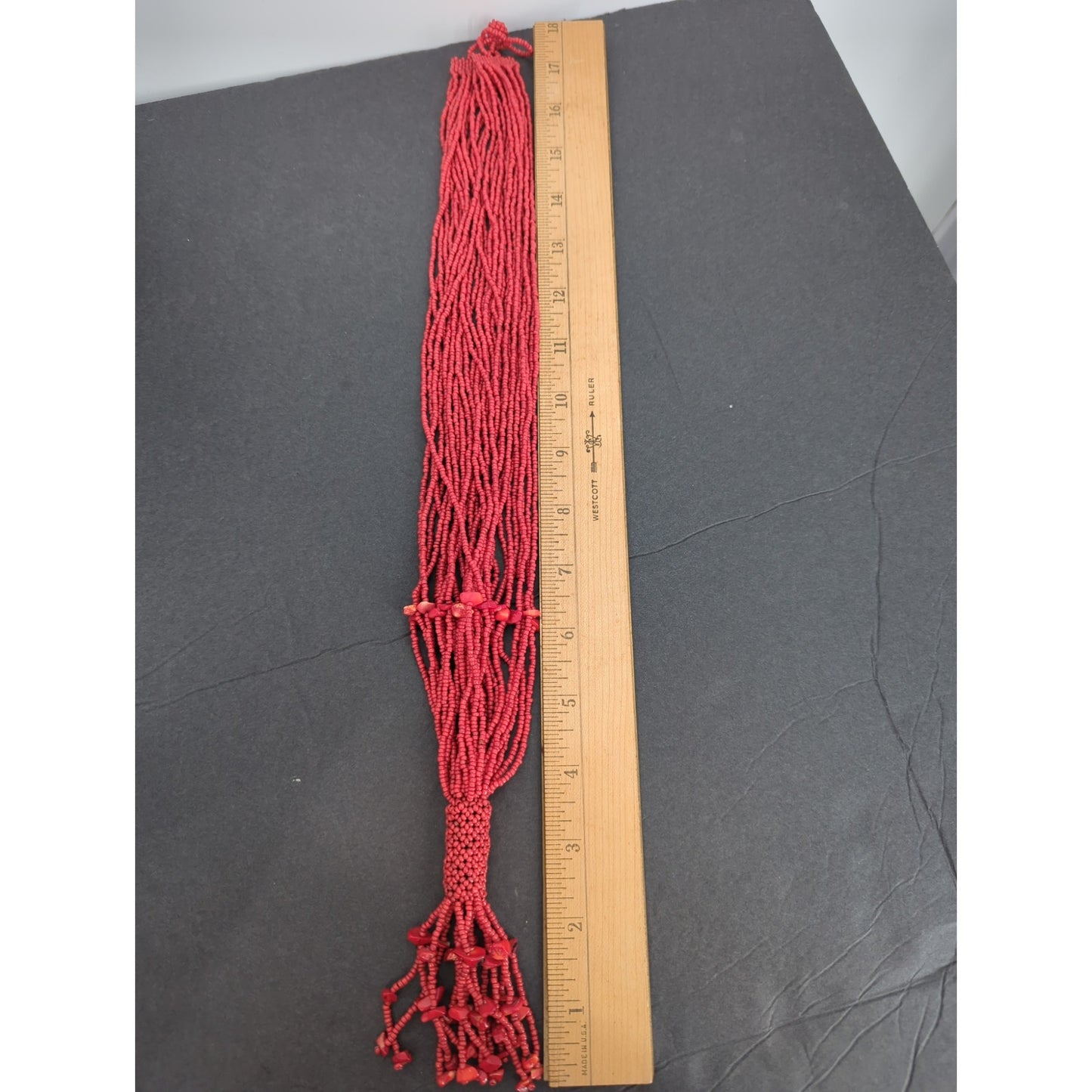 Vintage Red Seed Bead Tassel Necklace Multi Strand Waterfall Boho Statement 18"