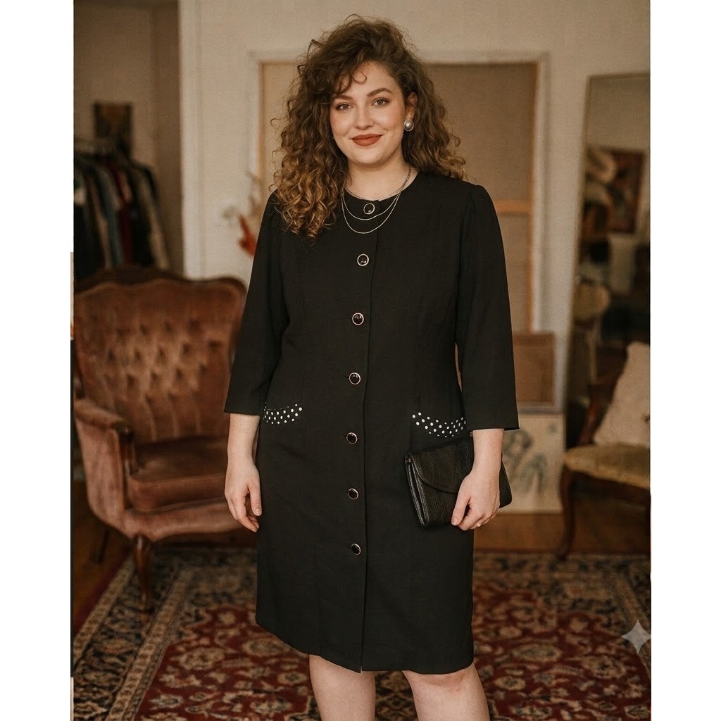 Vintage CB Black Collarless Round Neck Sheath Dress Trim Faux Pockets 14WP