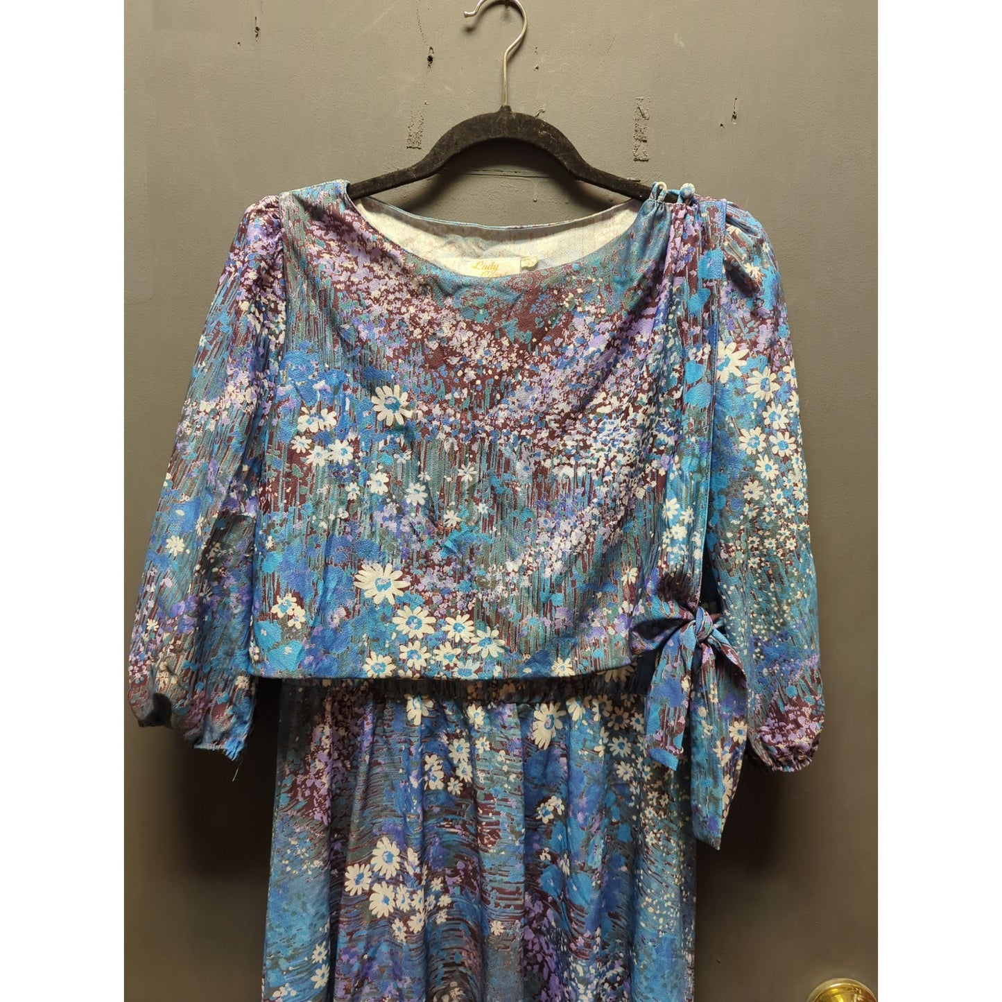 Blue and purple dress Floral dress blouson 1980s Lady Carol Size XL