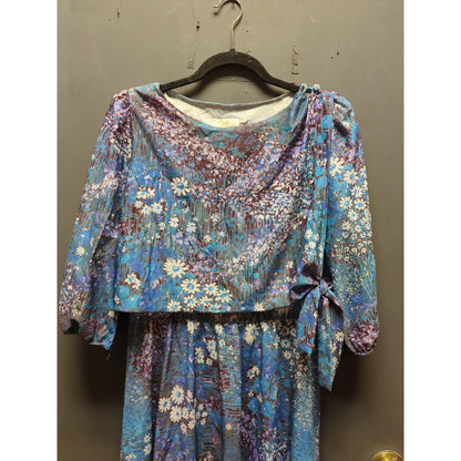 Blue and purple dress Floral dress blouson 1980s Lady Carol Size XL