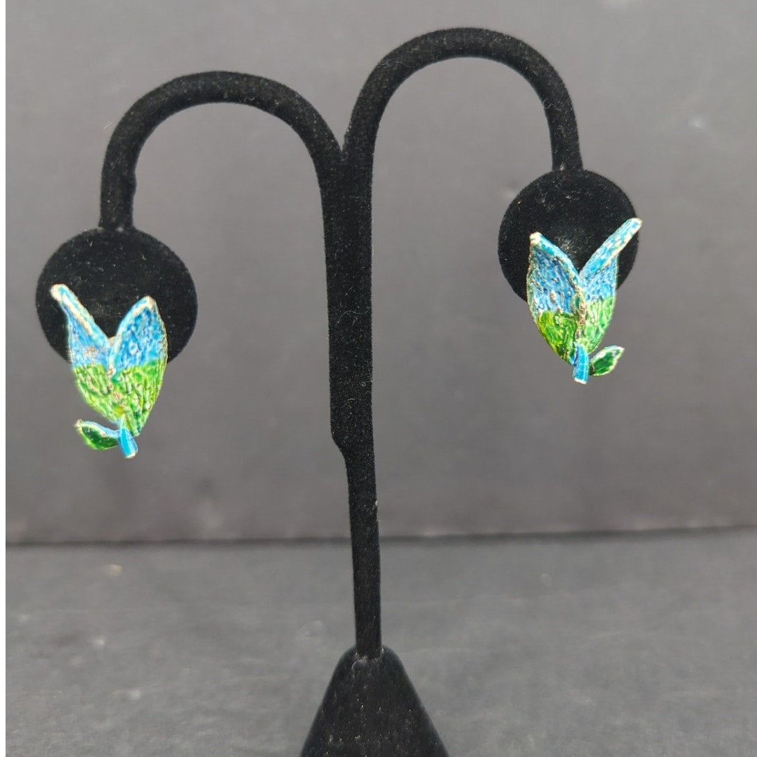 Handmade Blue & Green Leaf Paper Mache Clip On Dangle Earrings Retro Fairycore