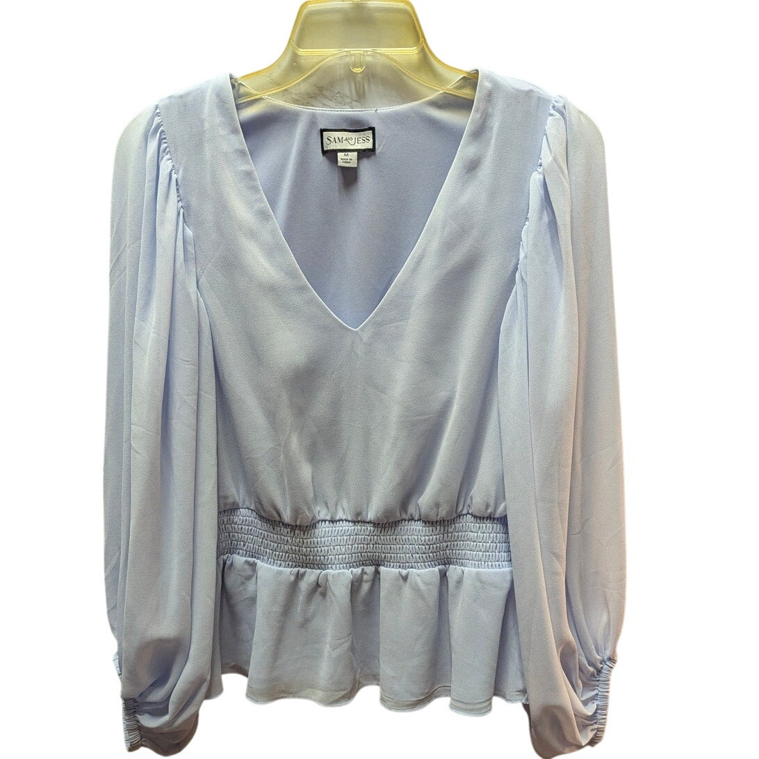 Sam & Jess Light Blue V-Neck Smocked Peplum Blouse Puff Sleeve Pastel Medium