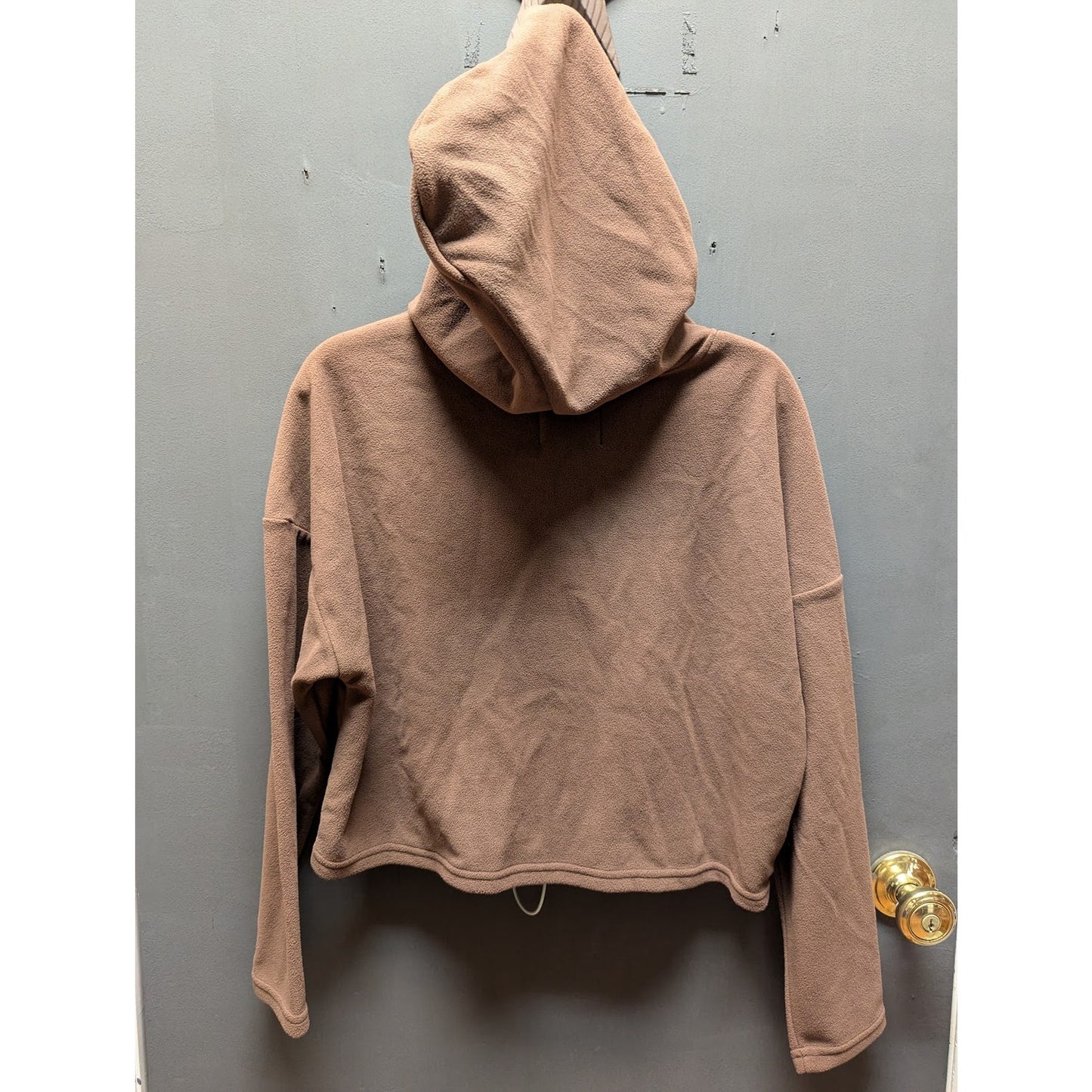 ELODIE Cinched Front Fleece Crop Hoodie In Brown Size Small
