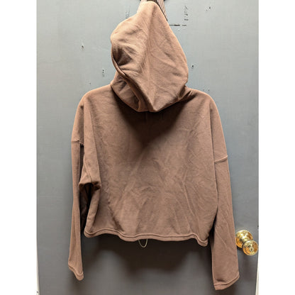 ELODIE Cinched Front Fleece Crop Hoodie In Brown Size Small