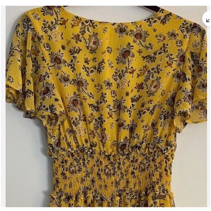 Max Studio Floral Ruffle Flutter Sleeve Dress Yellow Medium Gold Spring NEW