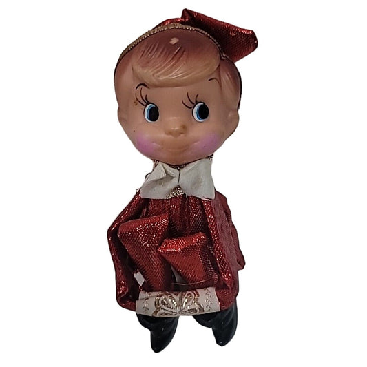 Vintage SMILING Kneehugger Red Gold Metallic Christmas Sitting Elf Ornament