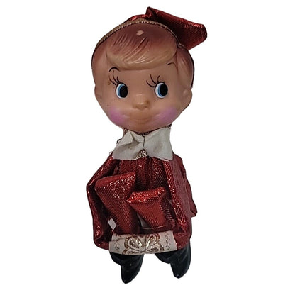 Vintage SMILING Kneehugger Red Gold Metallic Christmas Sitting Elf Ornament