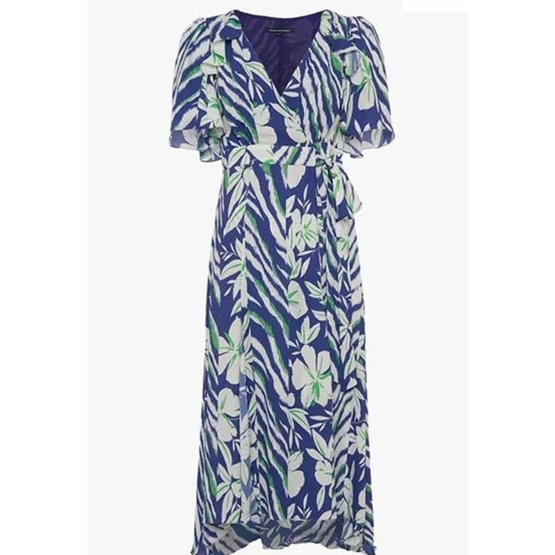 French Connection V-Neck Surplice Side Tie Wrap Midi Dress Sz 4 Clement Blue NWT