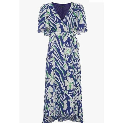 French Connection V-Neck Surplice Side Tie Wrap Midi Dress Sz 4 Clement Blue NWT