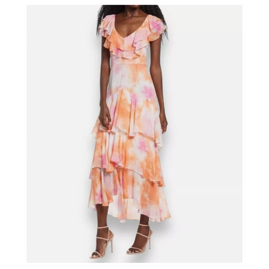 WAYF women's Passion tie dye Chelsea ruffle trim tiered chiffon maxi dress SZ XL
