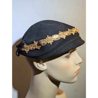 Vintage 50s Glentover Henry Pollak Black Wool Newsboy Cap Gold Trim Hat PinUp