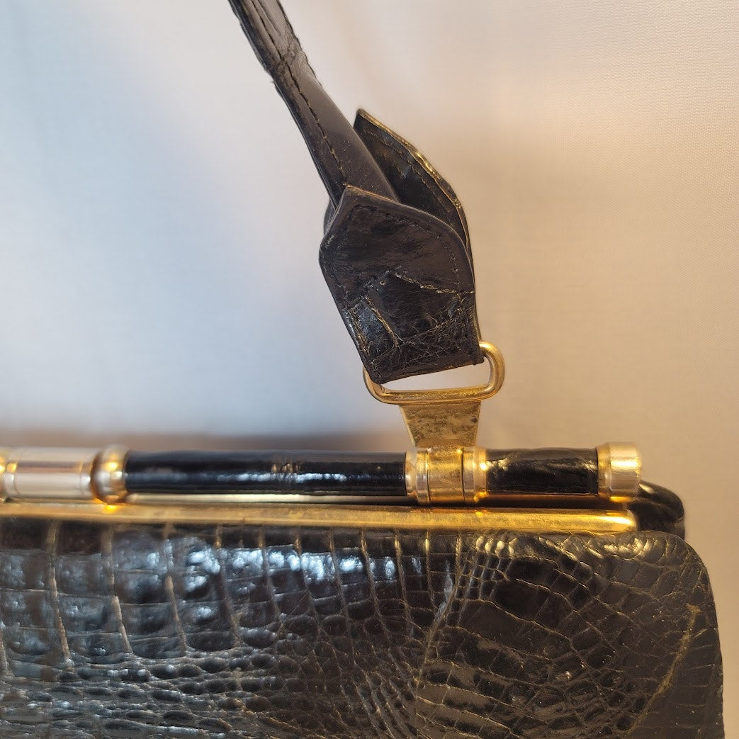 Vintage Genuine Crocodile Skin Hide handbag purse Black gold hardware