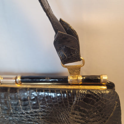 Vintage Genuine Crocodile Skin Hide handbag purse Black gold hardware