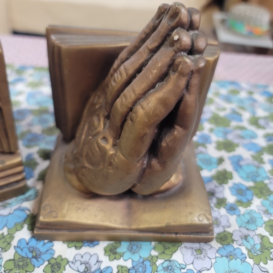 Vintage Marwal Chalkware praying hands bookends gold faux bronze religious