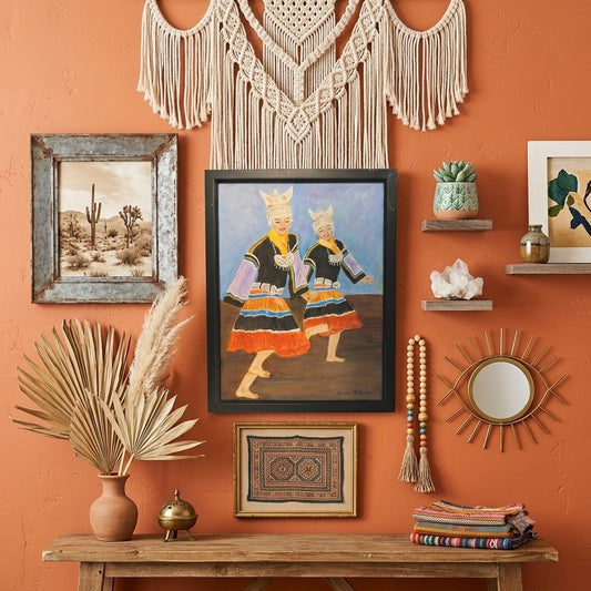 Vintage Folk Art Painting Ethnic Hmong Dancers Framed Wall Decor