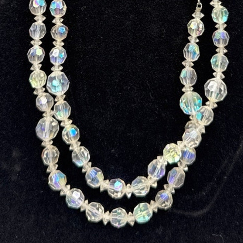 Vintage AB Aurora Borealis Crystal Double Strand Bead Necklace Statement Piece