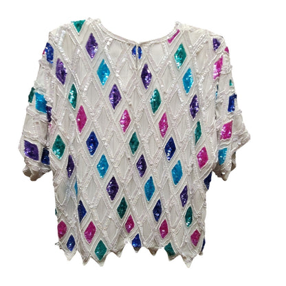Candlelight Size Medium 80s Glam White Sequin Beaded Top silk Multicolor Diamond