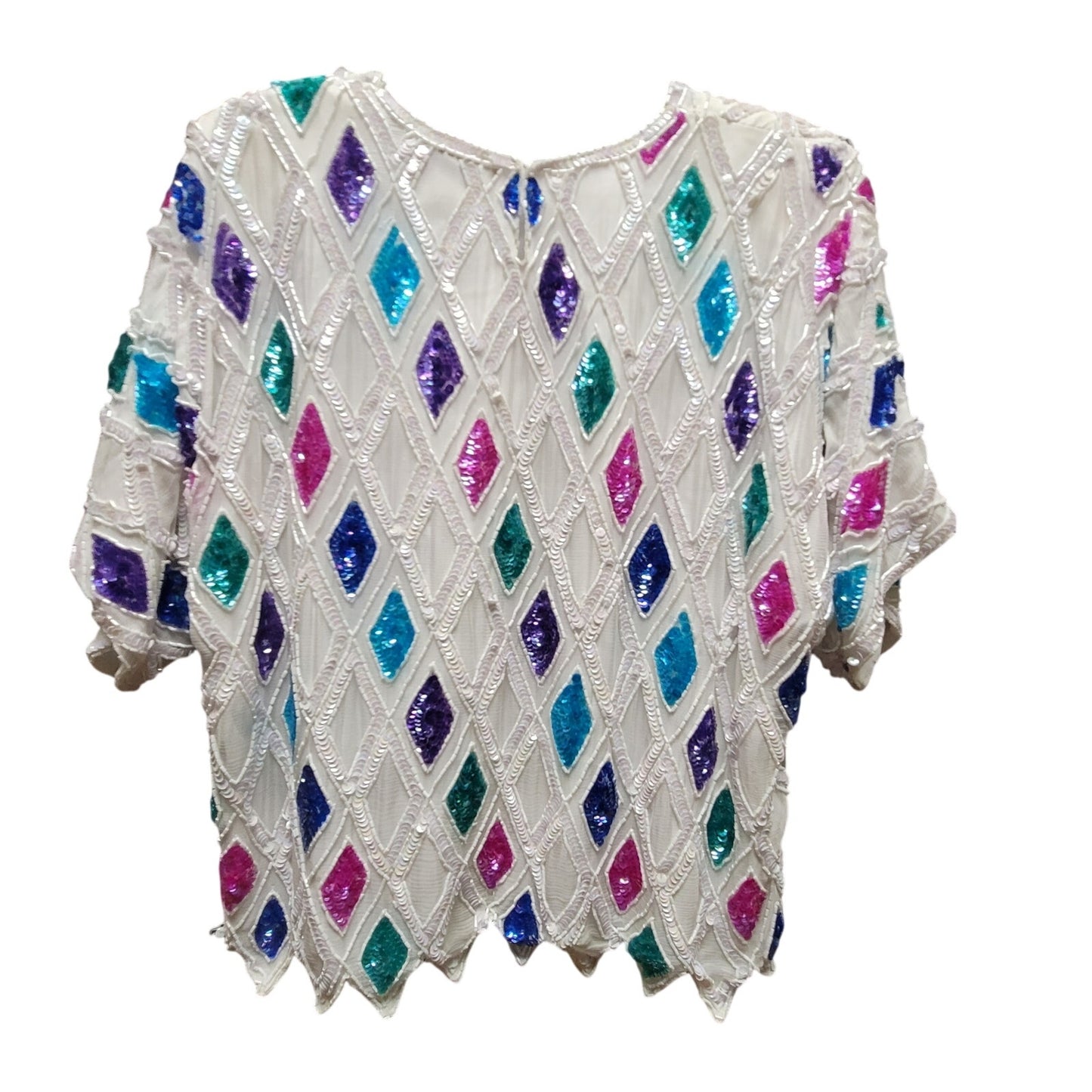 Candlelight Size Medium 80s Glam White Sequin Beaded Top silk Multicolor Diamond