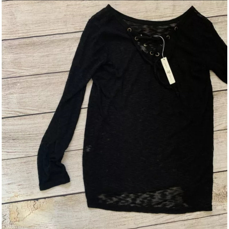 Thyme & Honey Sheer Long Sleeve Lace Up high low Back Black LARGE New Shirt New