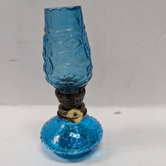 Vintage GLASS miniature oil hurricane lamp textured 1960s Flash painted BLUE 4"